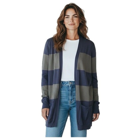 Brunello Cucinelli Striped Tunic Cardigan Sweater Women's XL Pockets Gray & Navy - Picture 1 of 15